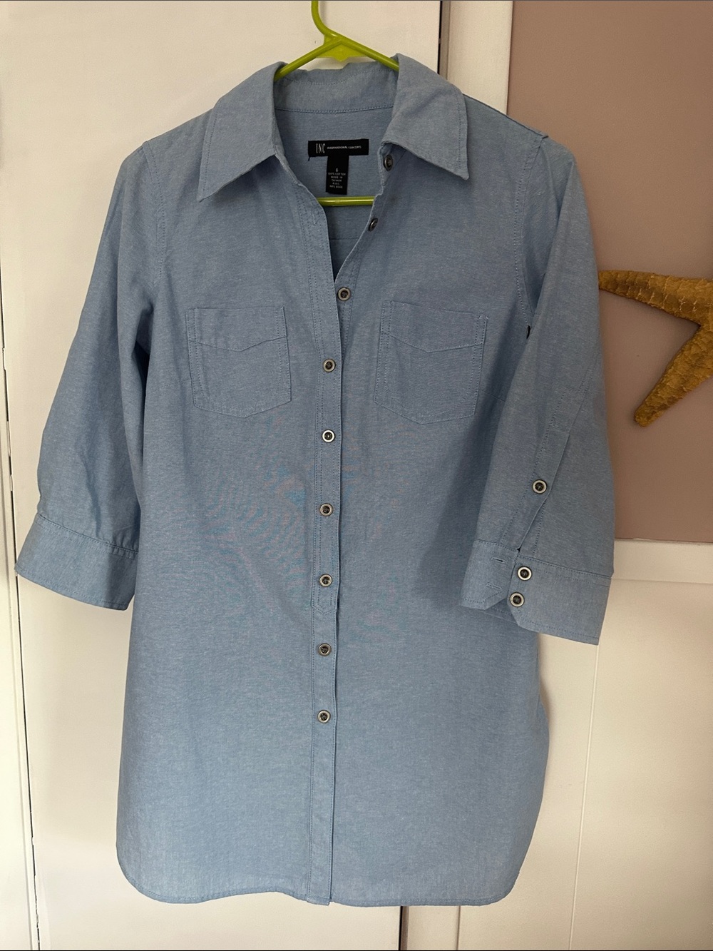 Chambray tunic top, lightweight denim look tunic shirt tail top, casual blouse